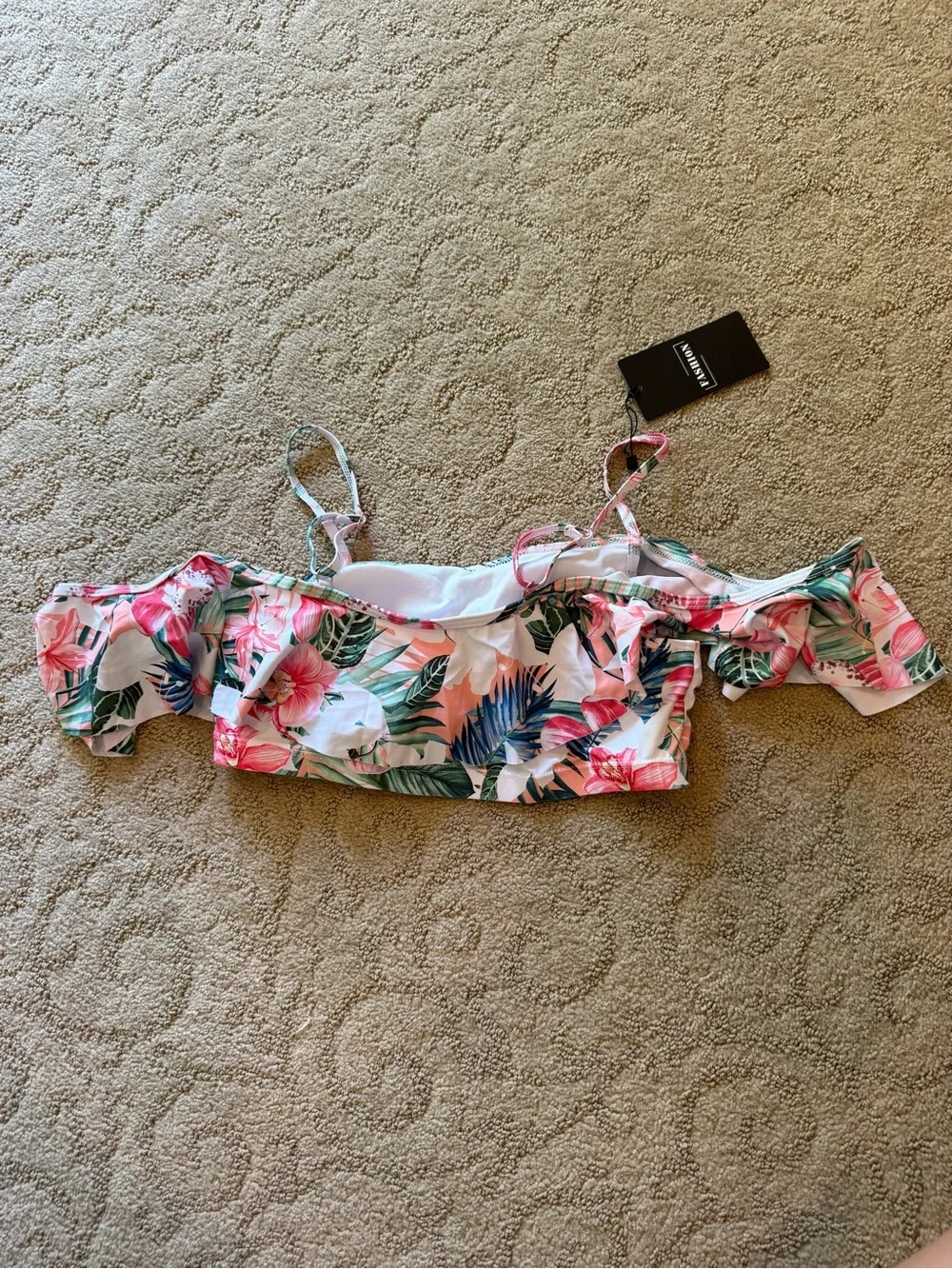 TWO PIECE Tropical Floral Off-Shoulder Bikini  - Pink & Green